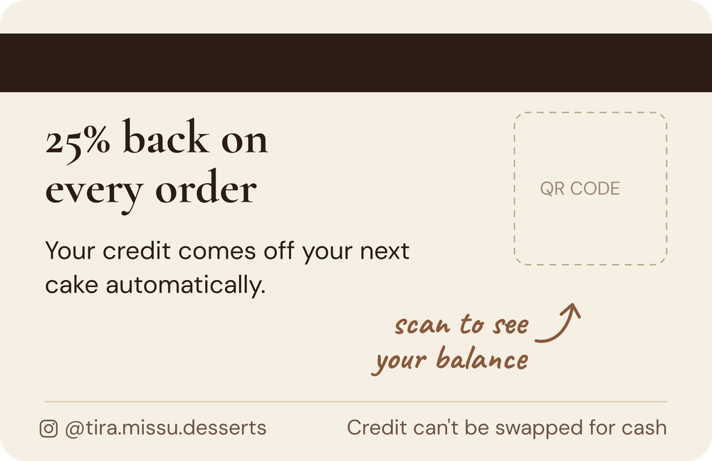 Back of the members card: 25% back on every order, scan the QR code to see your balance